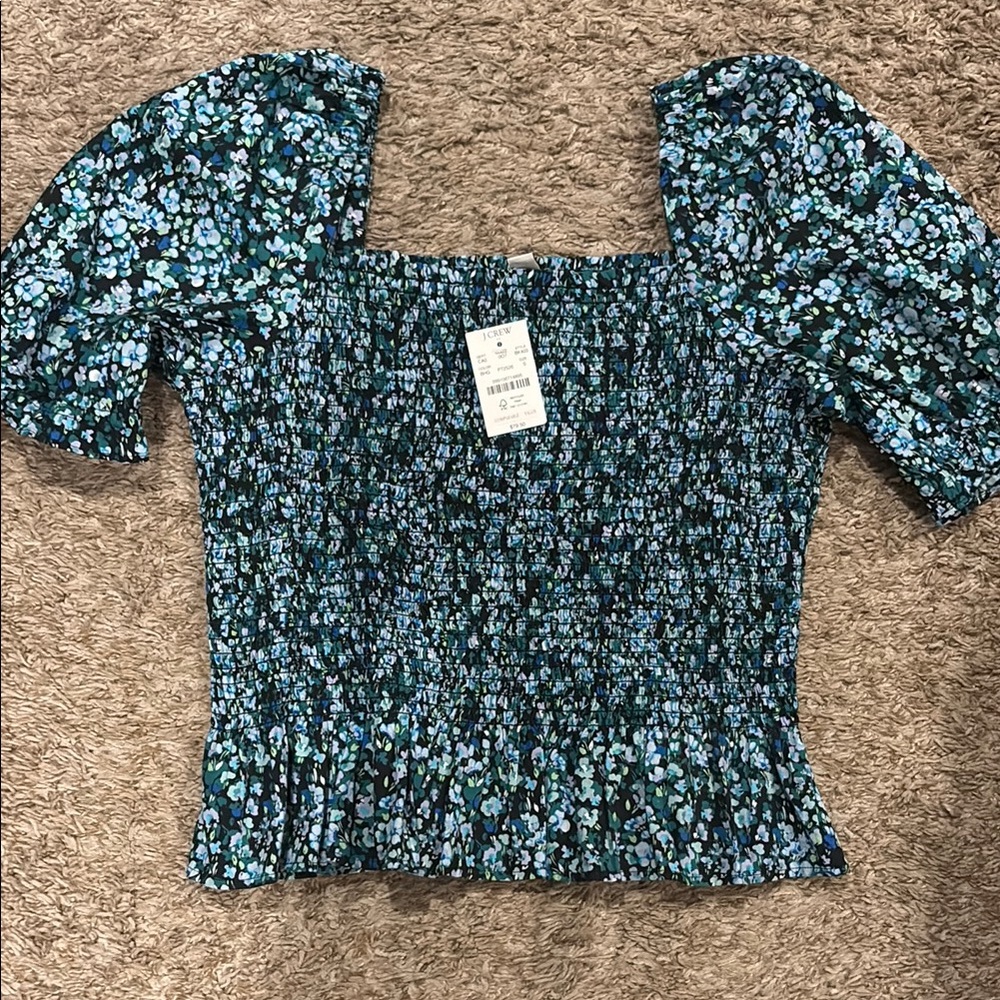 J. Crew Smocked Black and White Short Sleeve Blouse